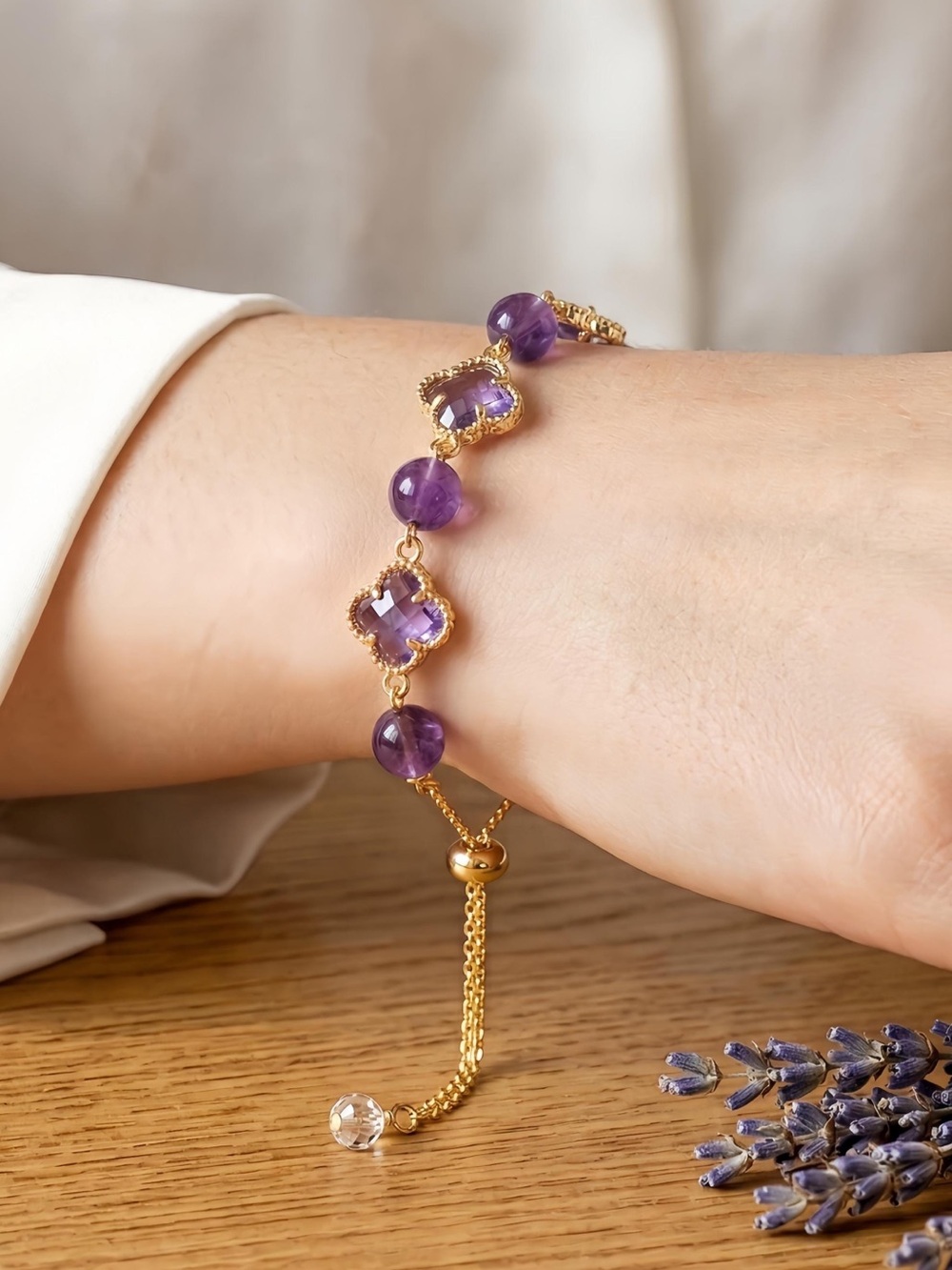 🆕New Purple Amethyst Four Leaf Clover Bracelet - Picture 9 of 16